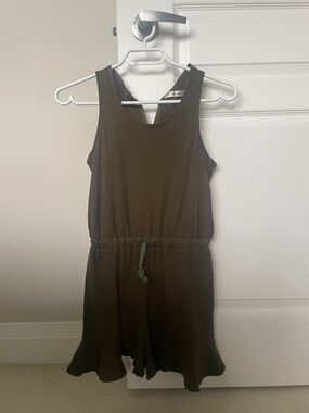 Olive Green Sleeveless Girls Romper with Drawstring Waist